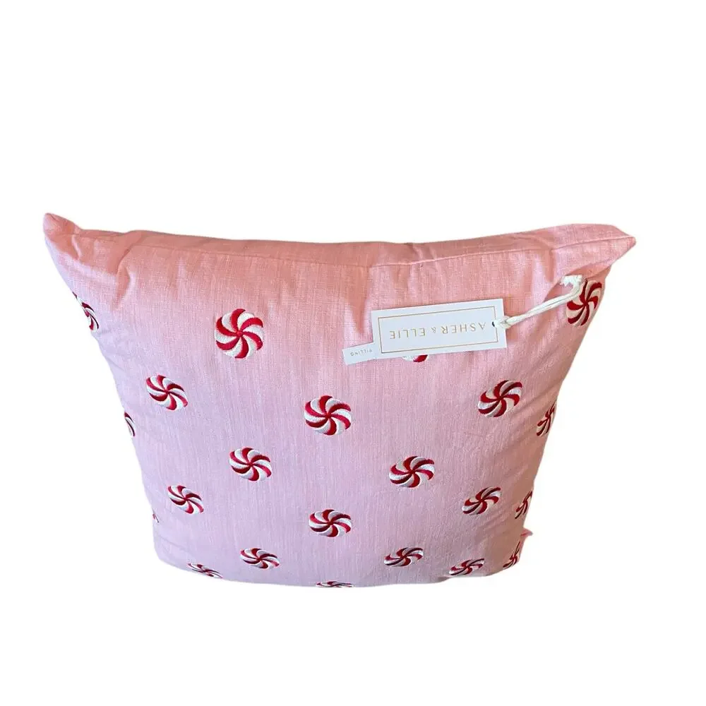 Pinkmas Peppermint Swirl Pillow 20x20 Embroidered Christmas Holiday Decor NEW